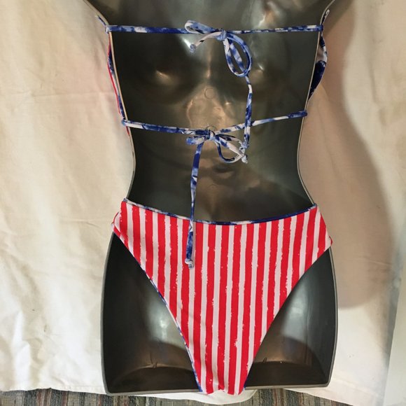 ZAFUL Women's Strapless Ribbed Tie Back Ruffle Cutout Bandeau Bikini Swimsuit M - Picture 14 of 16